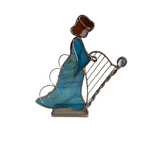 Stained Glass Angel Figurine With Harp Blue & Silver Christmas Holiday - Picture 1 of 4